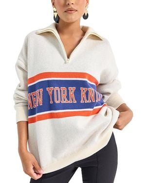 Terez Knicks Quarter Zip Stripe Logo Sweater - White
