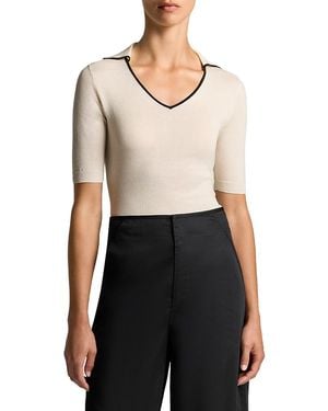 Vince Tipped Polo Elbow Sleeve Top - White
