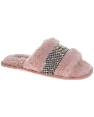 Badgley Mischka Fuzzy Rhinestone Logo Slippers - Pink