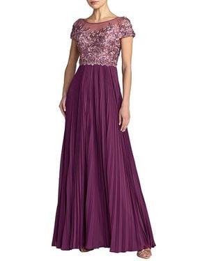 Mac Duggal Petite Embroidered Cap Sleeve High Neck Pleated Gown - Purple
