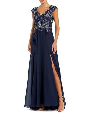 Mac Duggal Embellished Cap Sleeve Bodice Flowy Gown - Blue