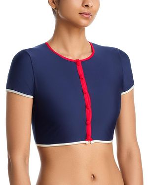 Aqua Crewneck Button Up Tankini Top - Blue