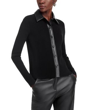 Toccin Jordan Long Sleeve Collared Faux Leather Trim Top - Black
