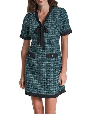 KARL LAGERFELD Tweed Tie Neck Contrast Trim Shift Dress - Blue