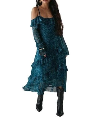 Warehouse Ruffle Cold Shoulder Midi Dress - Blue
