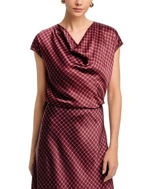 Vince Ombre Plaid Cowl Neck Silk Top - Red