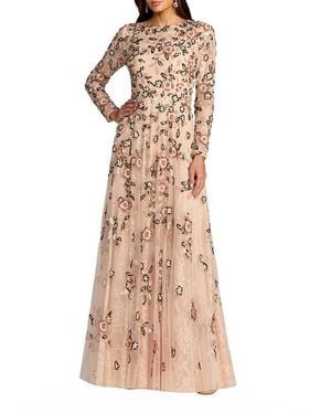 Mac Duggal Embellished Lace Floral Long Sleeve A-Line Gown - Natural