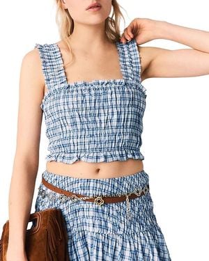 Maje Smocked Rhinestone Cotton Top - Blue