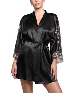 In Bloom Lace Trim Satin Wrap Robe - Black