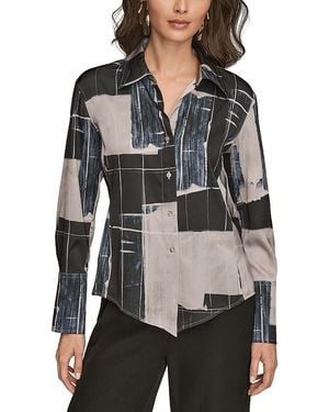Donna Karan Long Sleeve V Neck Blouse - Gray
