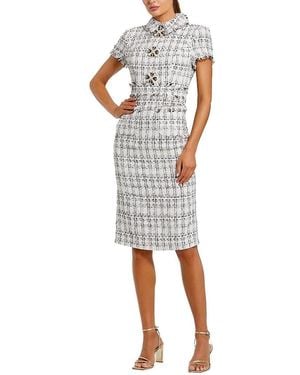 Mac Duggal Fitted Boucle Short Sleeve Button Up Midi Dress - White