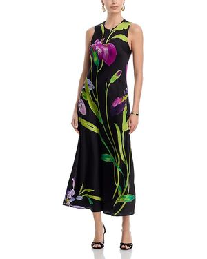 Aqua Floral Satin Midi Dress - Green