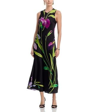 Aqua Floral Satin Midi Dress - Green
