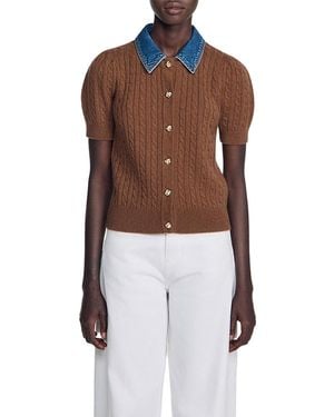 Sandro Cardigan With Denim Collar - Brown
