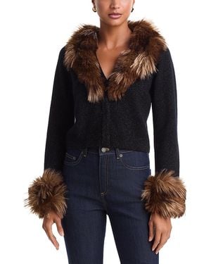 Cinq À Sept Della Faux Fur Trim Wool V Neck Cardigan - Black