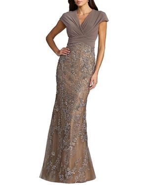 Mac Duggal Jersey Wrap Top Floral Sequin Gown - Brown