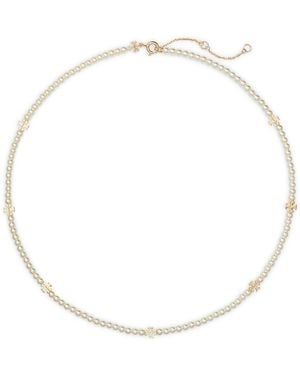 Tory Burch Tory Birch Kira Double T & Imitation Pearl Collar Necklace, 16-18 - Natural