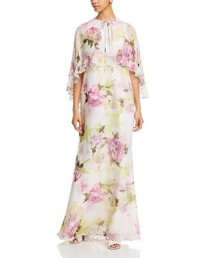 Teri Jon Chiffon Floral Ruffled Capelet Gown - White