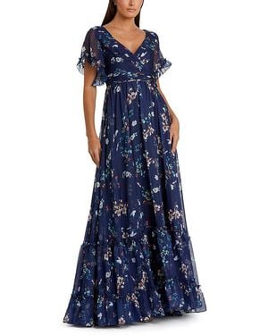 Mac Duggal Flounce Sleeve Floral Maxi Dress - Blue
