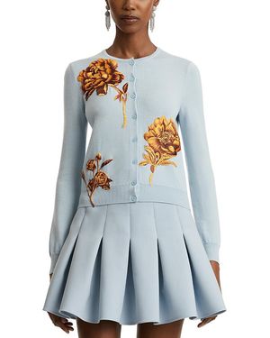 Oscar de la Renta Long Sleeve Peony Sweater - Blue