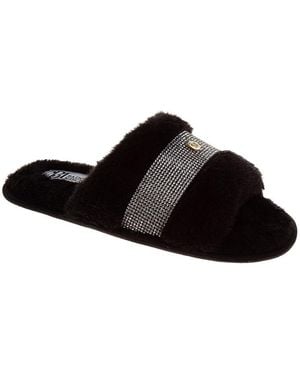 Badgley Mischka Fuzzy Rhinestone Logo Slippers - Black