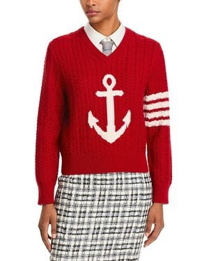 Thom Browne Anchor Intarsia Cable Knit V Neck Sweater - Red