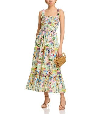 Aqua Summer Print Smocked Midi Dress - Yellow