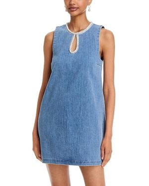 Aqua Embellished Faux Pearl Denim Mini Dress - Blue