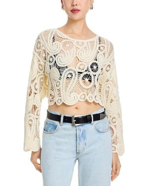 Aqua Long Sleeved Paisley Crochet Top - White