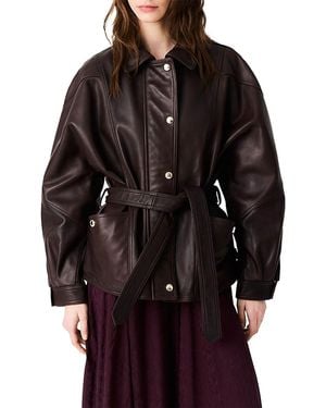 Maje Bianino Leather Belted Jacket - Black