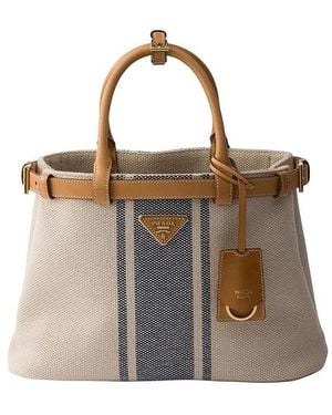 Prada Buckle Medium Canvas And Leather Handbag - Brown