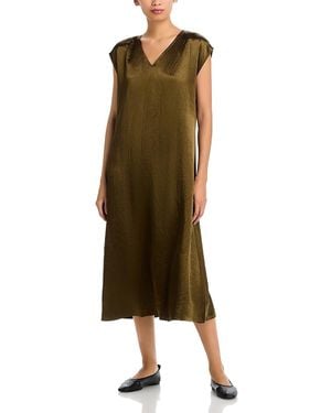 Eileen Fisher Satin V Neck Cap Sleeve Midi Dress - Green