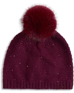 Sofiacashmere Lurex Wave & Pom Pom Knit Hat - Red