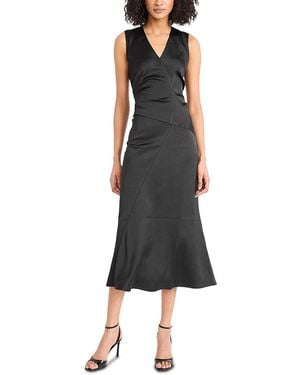 Luxely Ruched Satin Midi Dress - Black