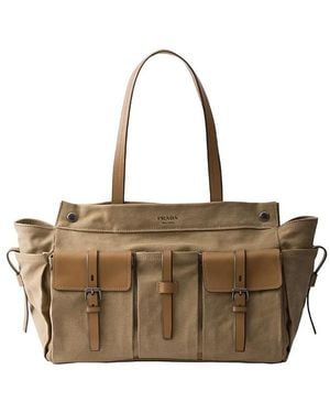 Prada Route Canvas And Leather Tote Bag - Metallic