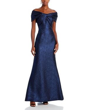 Teri Jon Metallic Jacquard Twist Bodice Off-The-Shoulder Gown - Blue