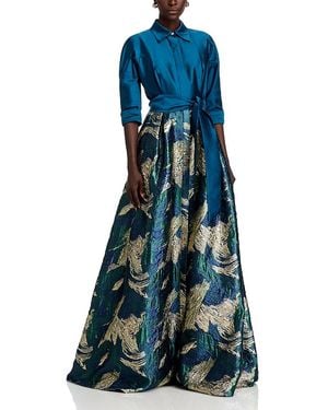 Teri Jon Taffeta Jacquard Shirt Gown - Blue