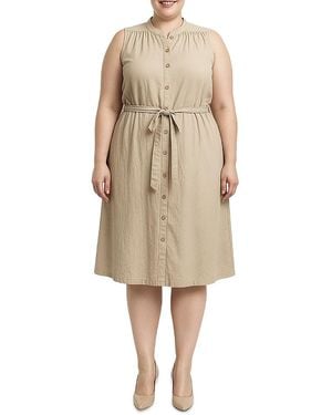Standards & Practices Plus Button Front Self Tie Sleeveless Midi Dress - Natural