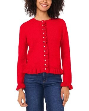 Cece Ruffle Edge Long Sleeve Cardigan Sweater - Red