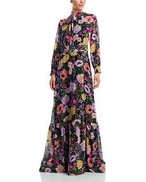 Teri Jon Floral Print Tie Neck Chiffon Gown - Red