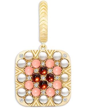 Harwell Godfrey 18K 1975 Multi Gemstone & Diamond Granny Squares Agnes Single Drop Huggie Hoop Earring - Metallic