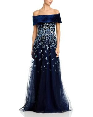 Teri Jon Velvet & Embroidered Tulle Off-The-Shoulder Gown - Blue