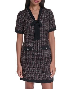 KARL LAGERFELD Tweed Tie Neck Short Sleeve Shift Dress - Black