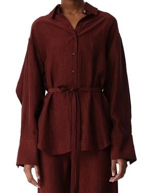 Jason Wu Belted Crinkled Satin Oversized Button Up Shirt - Red