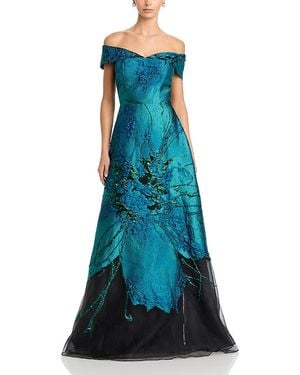 Teri Jon Jacquard & Organza Off-The-Shoulder Gown - Blue