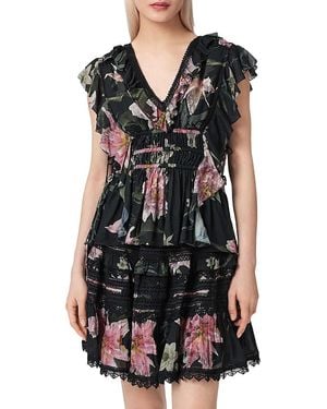 AllSaints Canto Floral Side Tie Tiered Ruffle Trim Top - Black