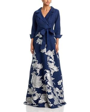 Teri Jon Textured Metallic Jacquard Gown - Blue