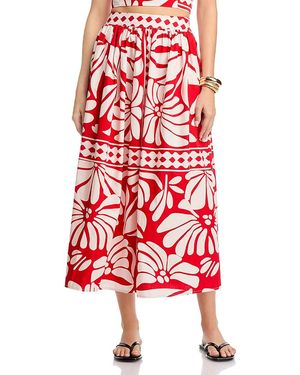Aqua Floral Border Midi Skirt - Red