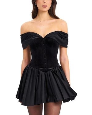 Miss Circle Echo Velvet Off Shoulder Pleated Mini Dress - Black