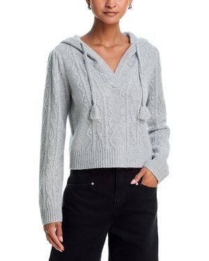 Aqua Cashmere 100% Cashmere V Neck Cable Knit Hoodie Sweater - Gray